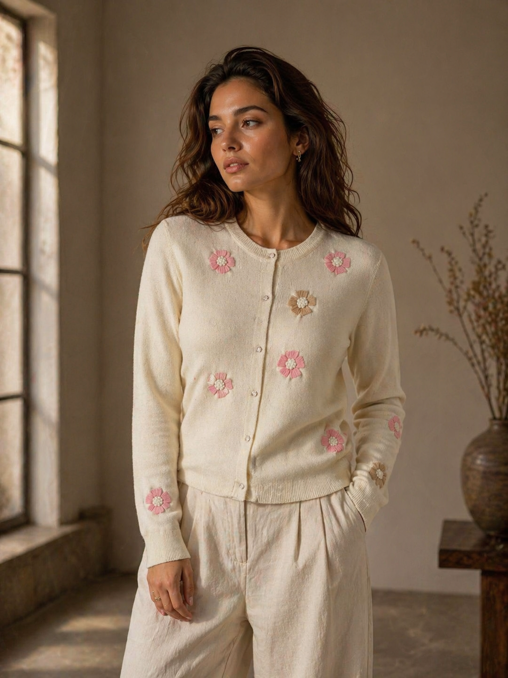 White Knitted Cardigan with Flower Patch