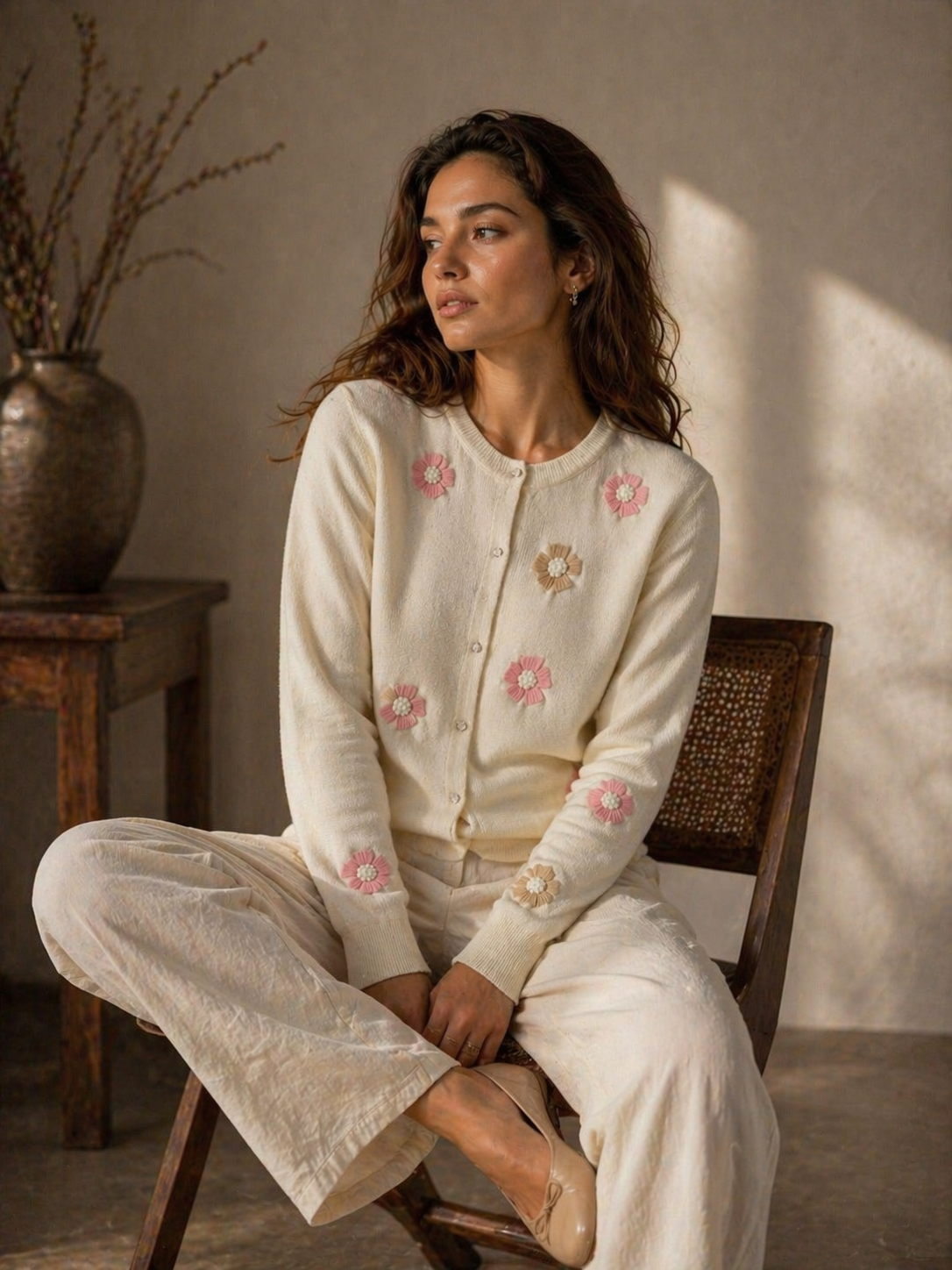 White Knitted Cardigan with Flower Patch