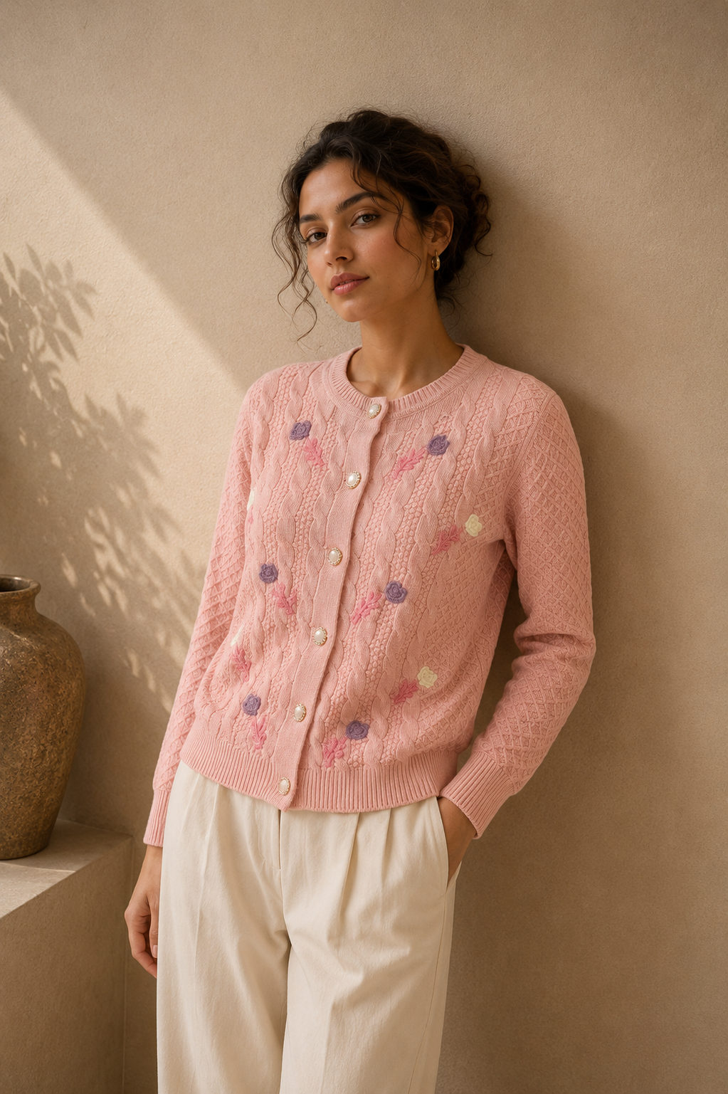 Blush Pink Floral Embroidered Cable-Knit Cardigan