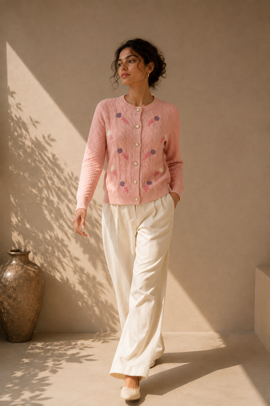 Blush Pink Floral Embroidered Cable-Knit Cardigan