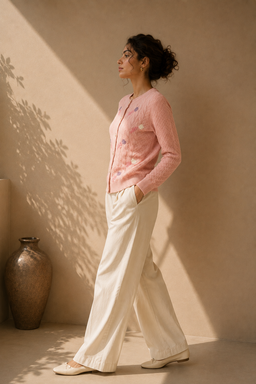 Blush Pink Floral Embroidered Cable-Knit Cardigan