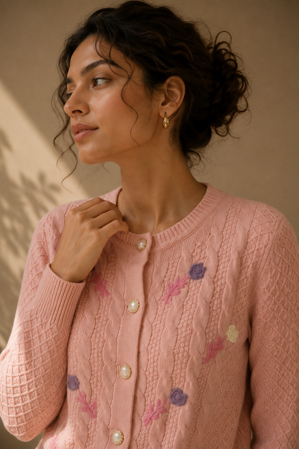 Blush Pink Floral Embroidered Cable-Knit Cardigan