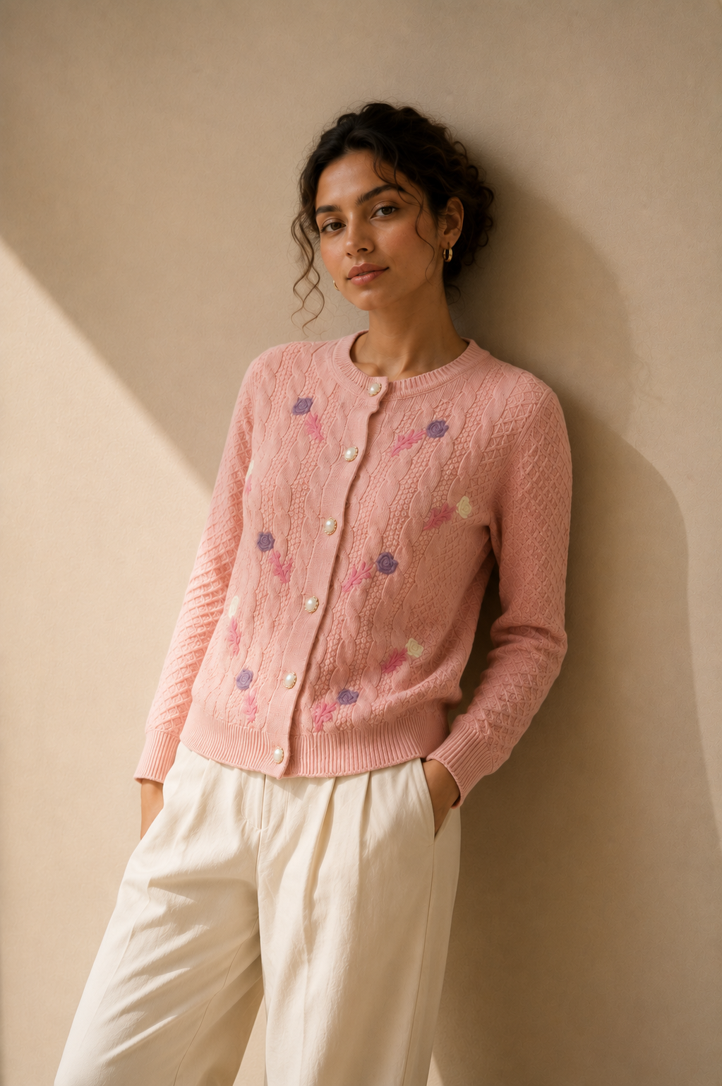 Blush Pink Floral Embroidered Cable-Knit Cardigan