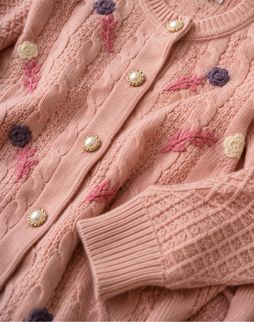 Blush Pink Floral Embroidered Cable-Knit Cardigan
