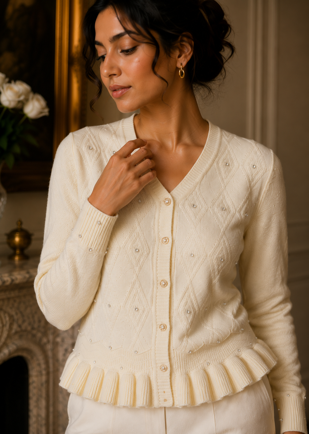 V-neck knitted cardigan (frock style)