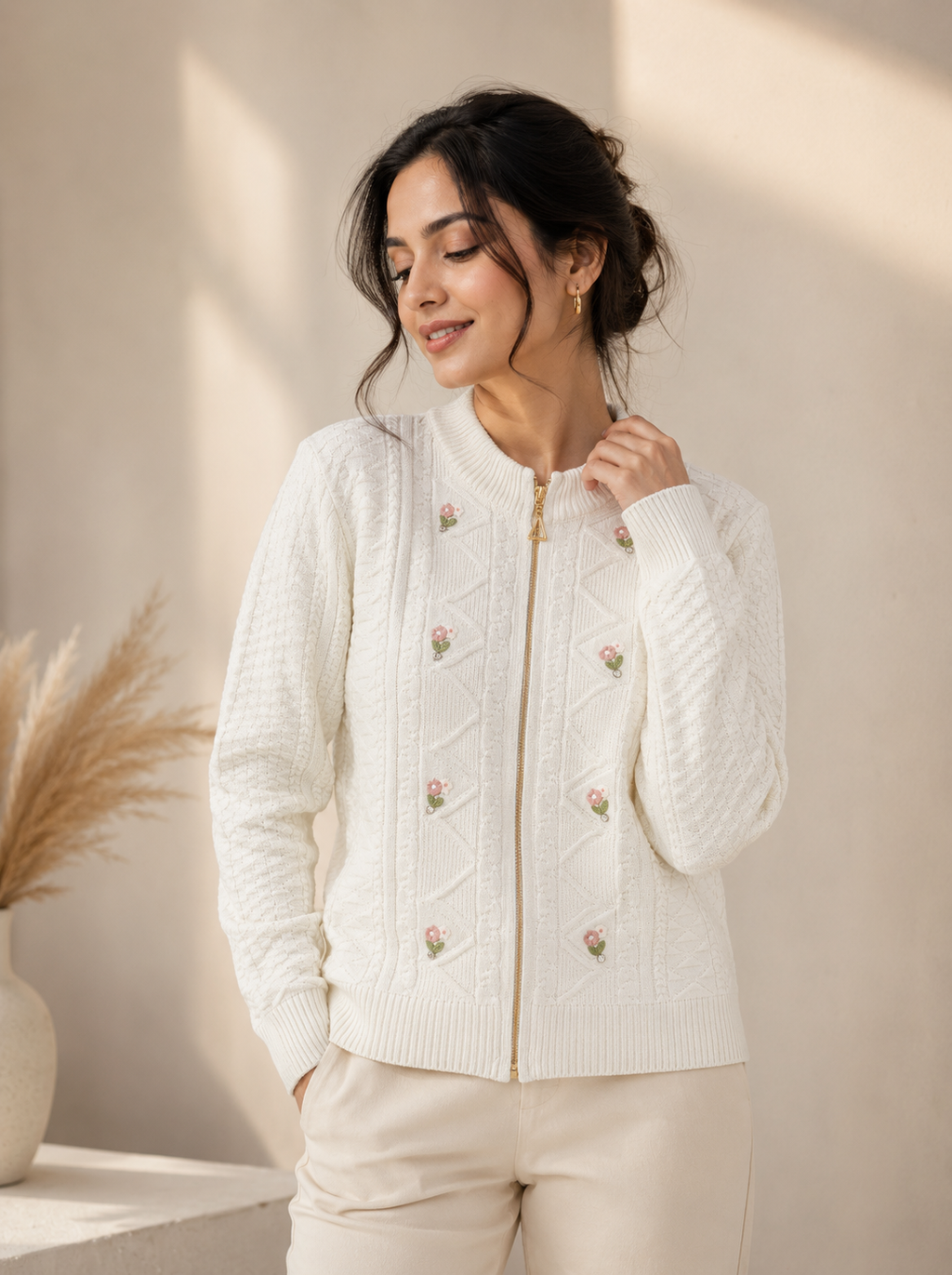 Ban neck zipper knitted cream cardigan
