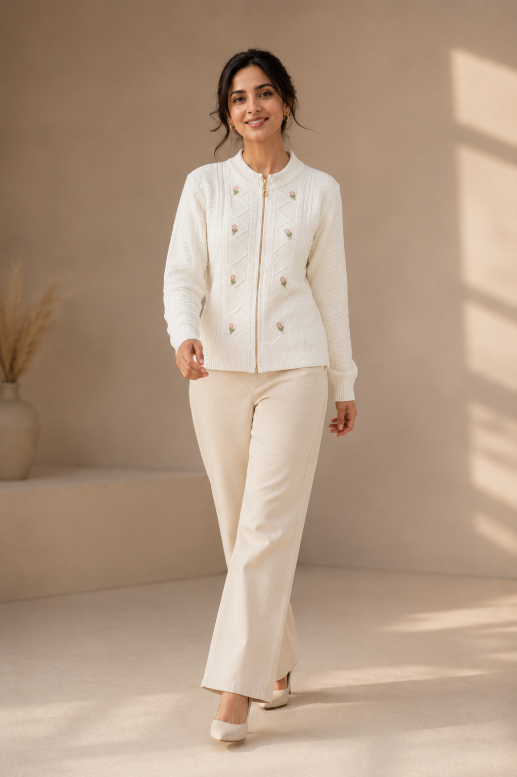 Ban neck zipper knitted cream cardigan