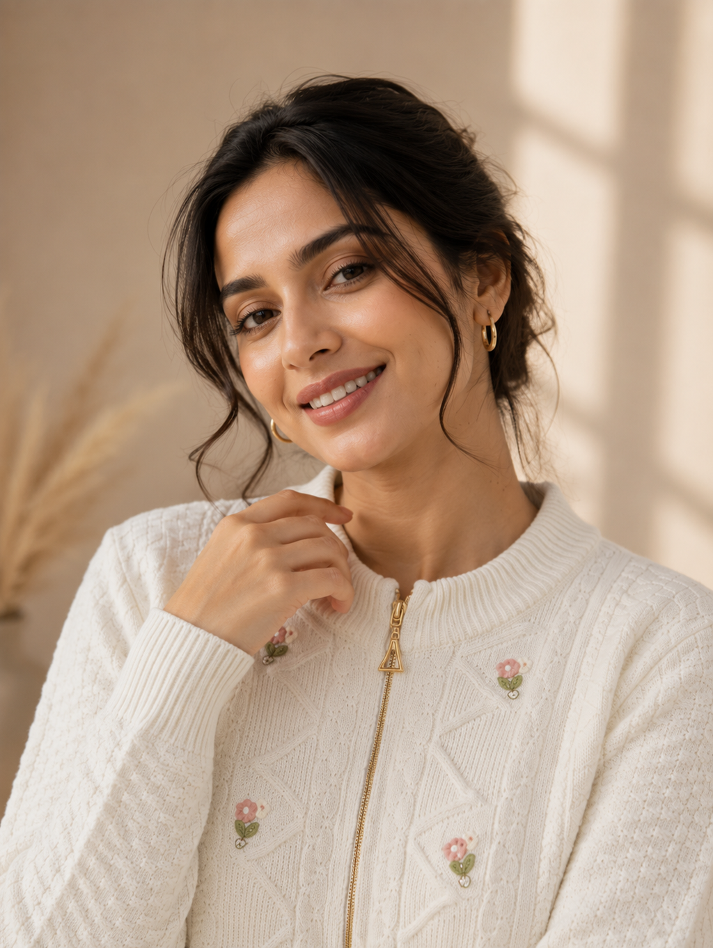 Ban neck zipper knitted cream cardigan