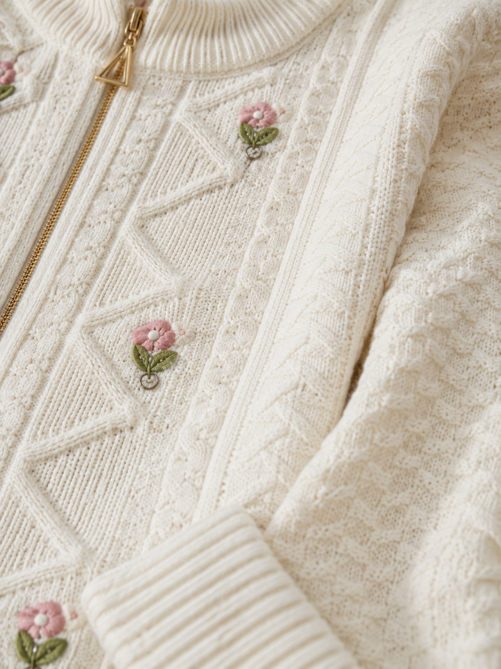 Ban neck zipper knitted cream cardigan