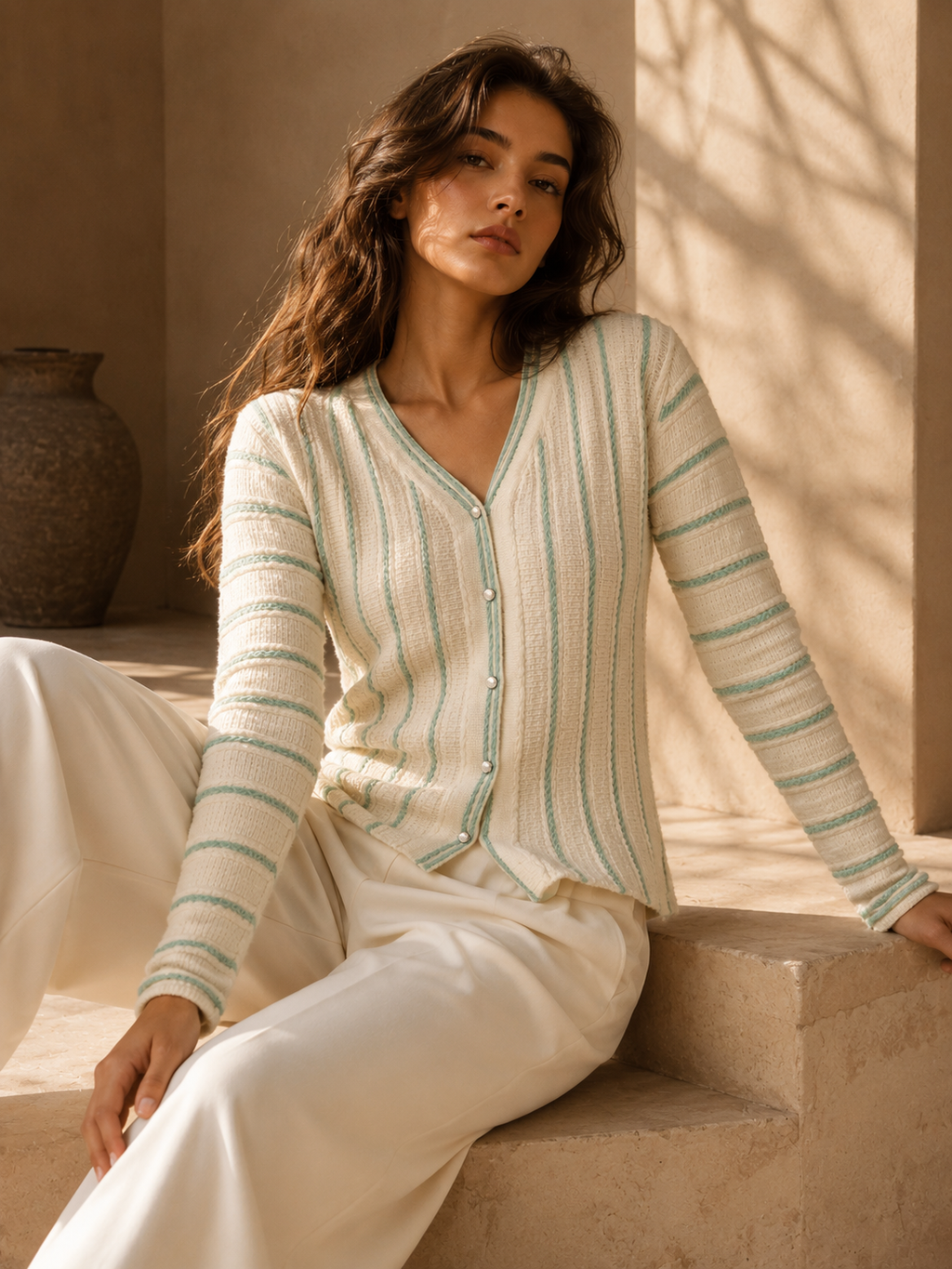White knitted Cardigan with Teal Stripes