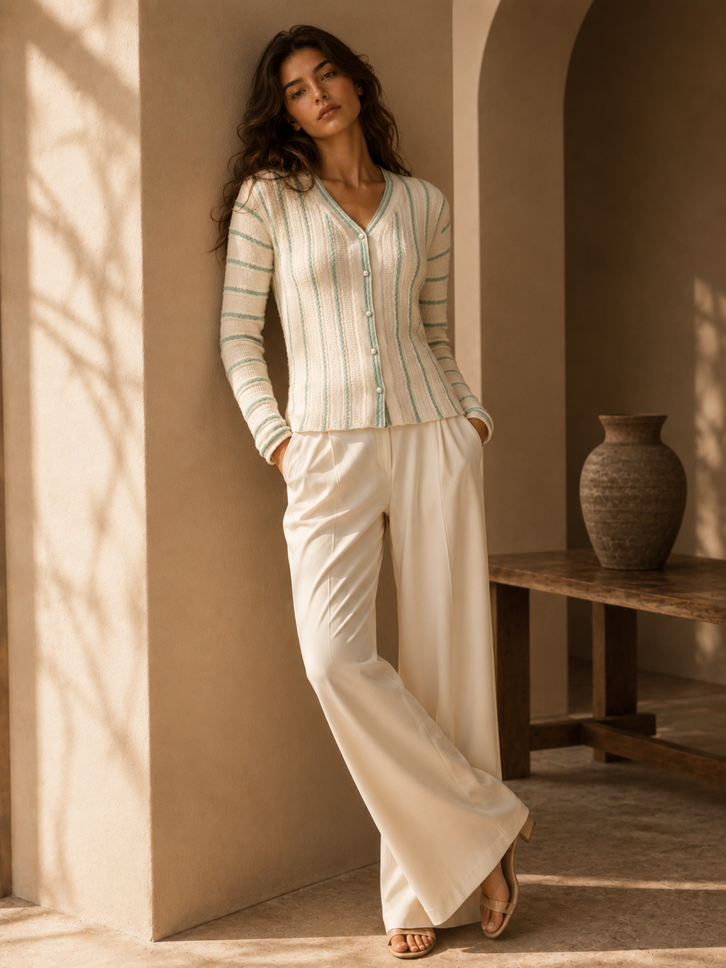 White knitted Cardigan with Teal Stripes