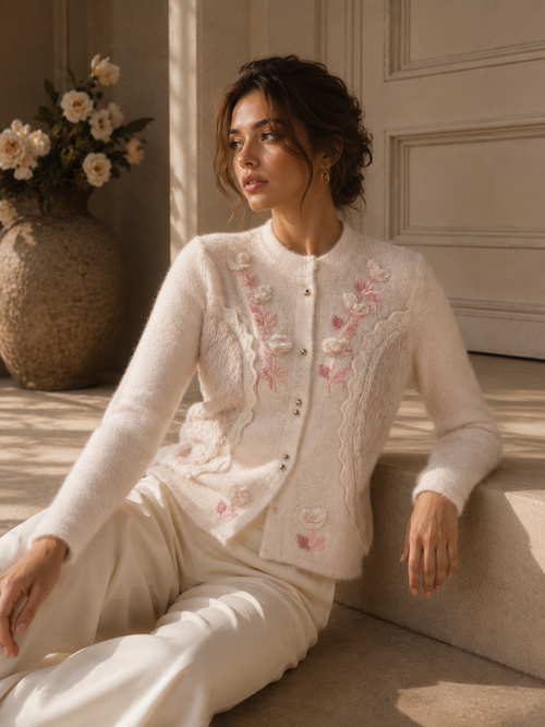Baby Pink Fuzzy Knit Cardigan with Rose Vine Embroidery