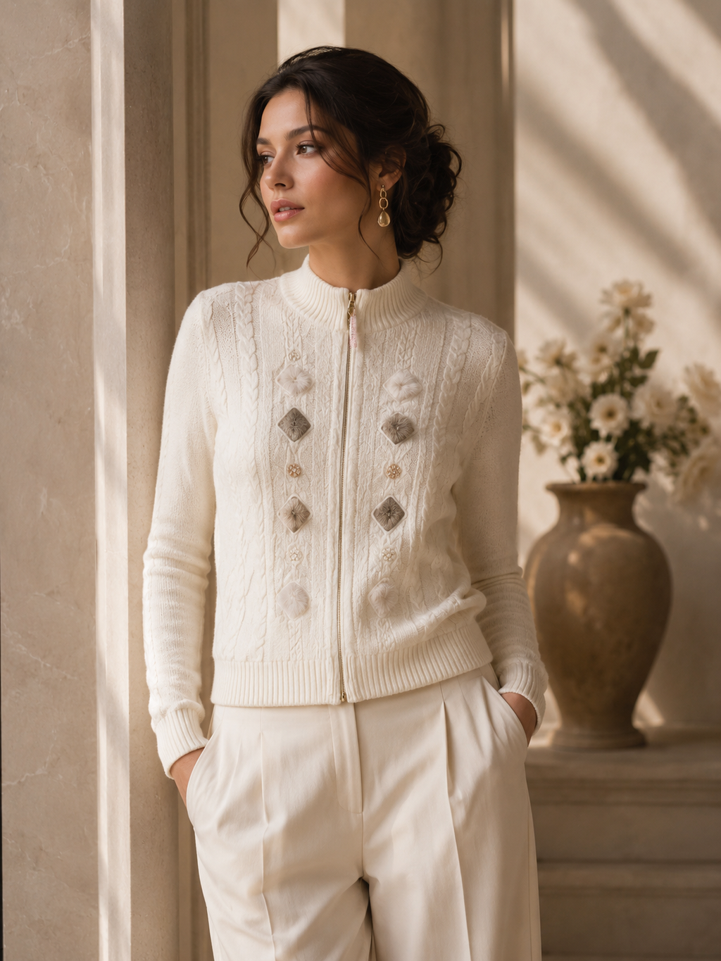 Cream Zipper Cardigan