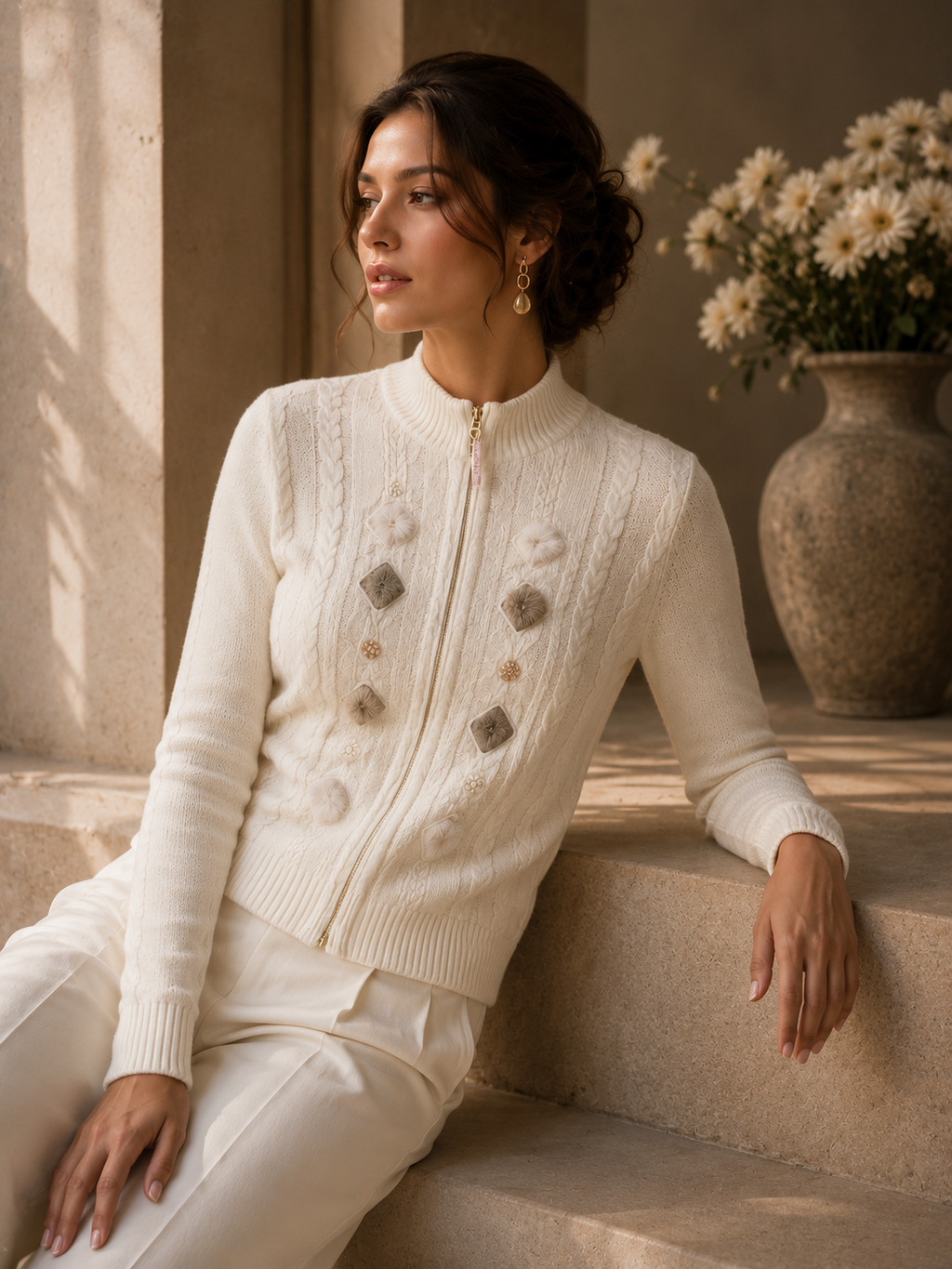 Cream Zipper Cardigan