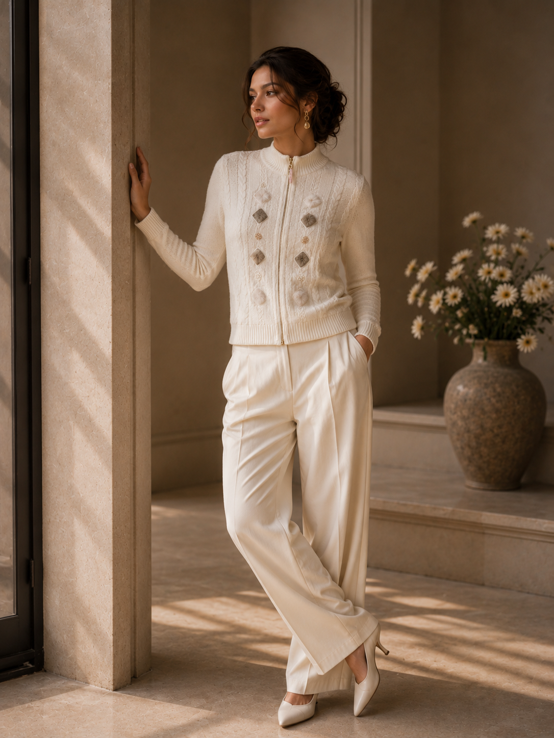 Cream Zipper Cardigan