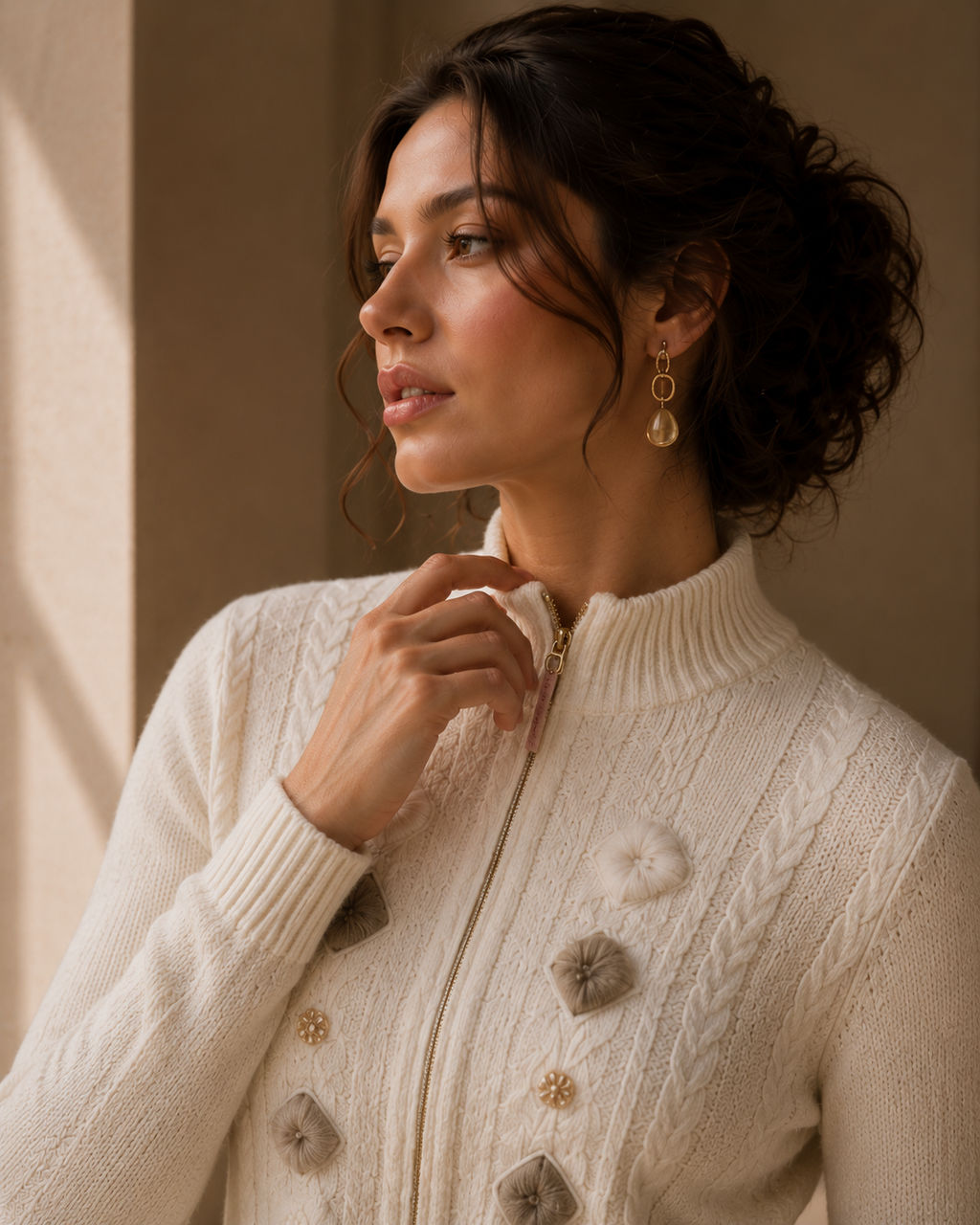 Cream Zipper Cardigan