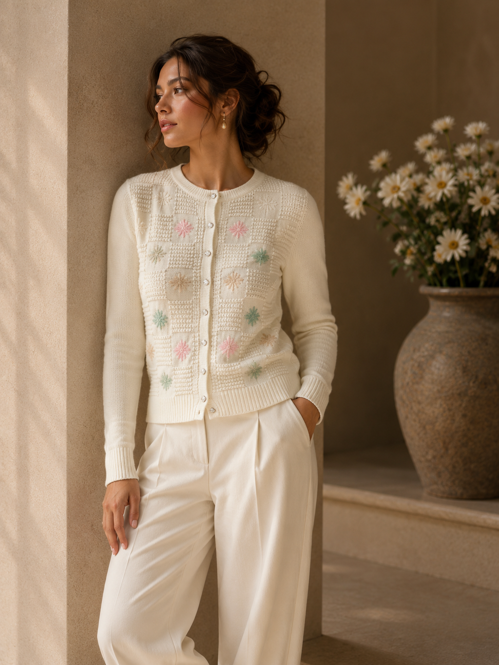 Knitted off white Flower cardigan