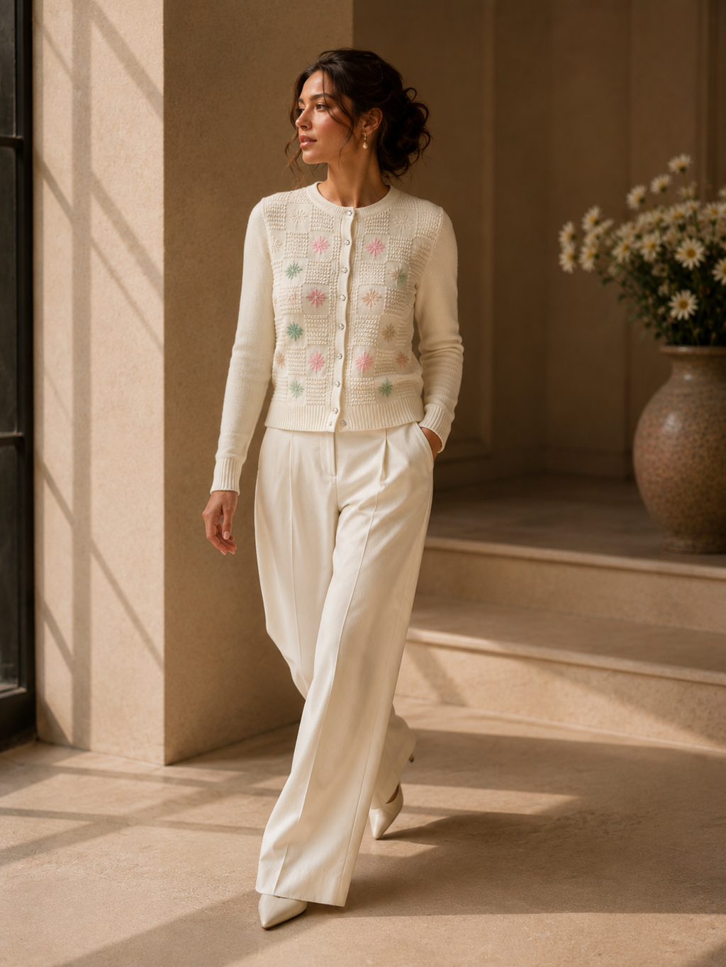 Knitted off white Flower cardigan