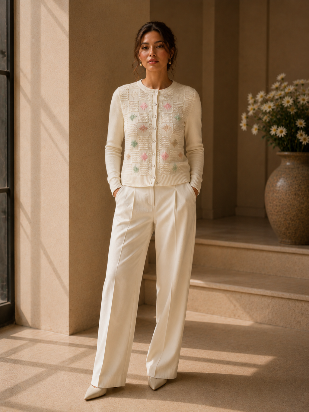 Knitted off white Flower cardigan