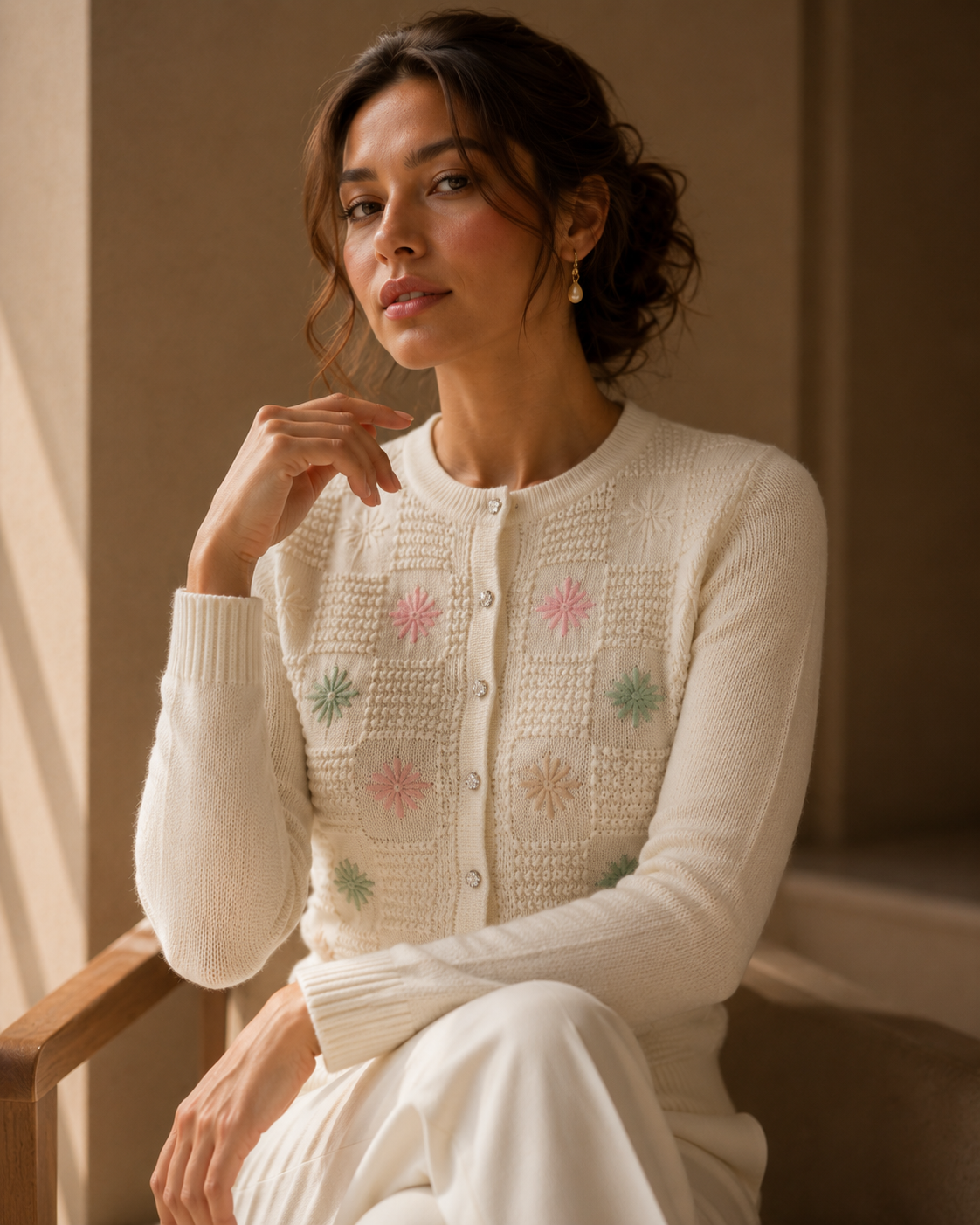 Knitted off white Flower cardigan