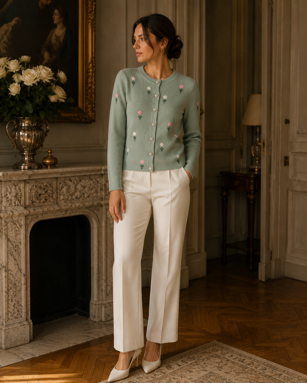 Sage Green Knitted Flower Cardigan