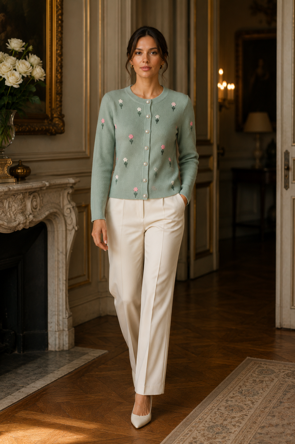 Sage Green Knitted Flower Cardigan