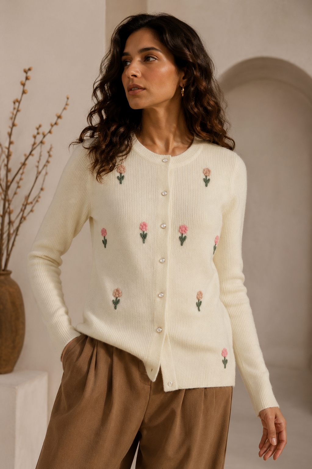 Flower Knitted Cream Cardigan