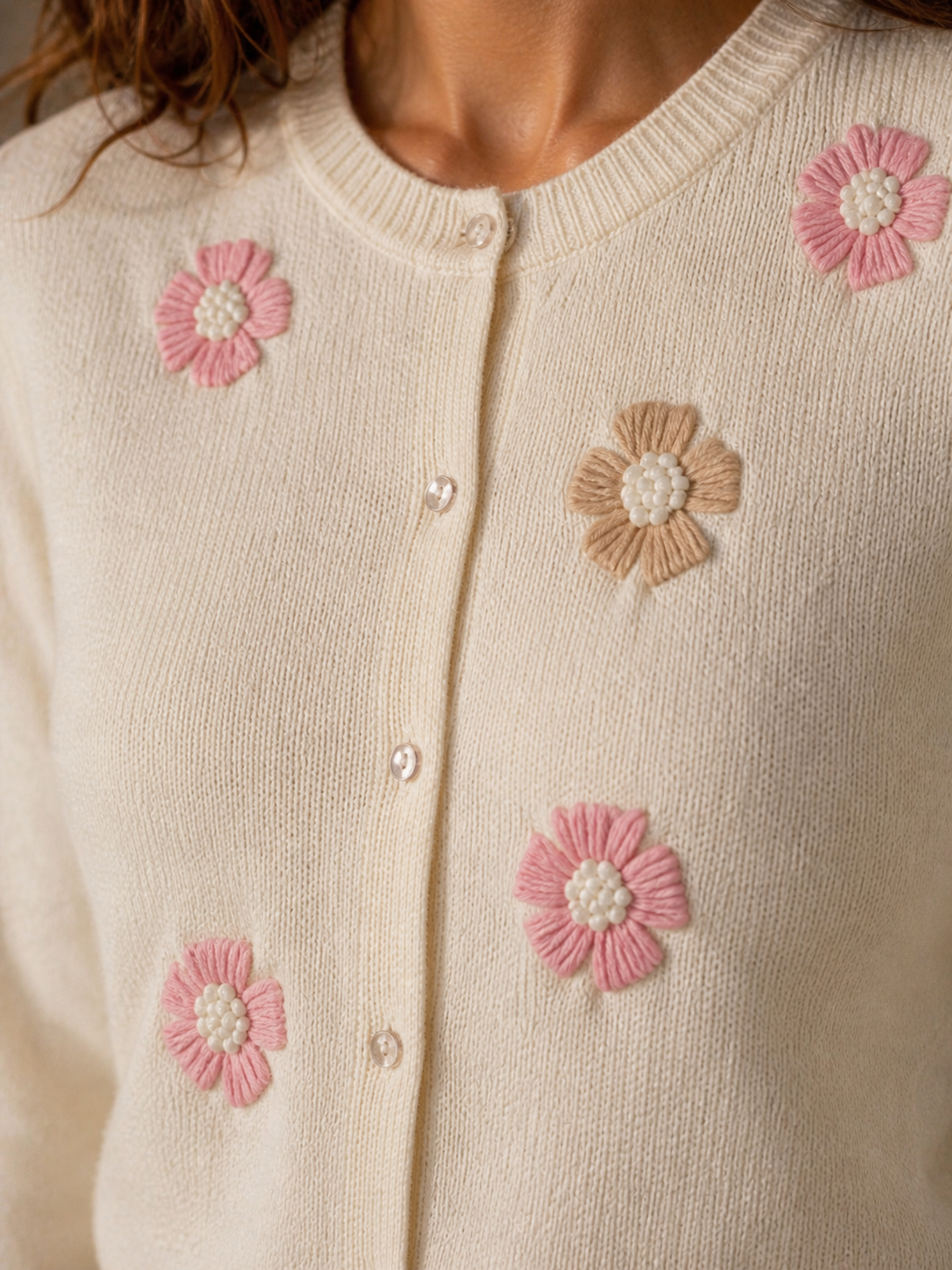 White Knitted Cardigan with Flower Patch