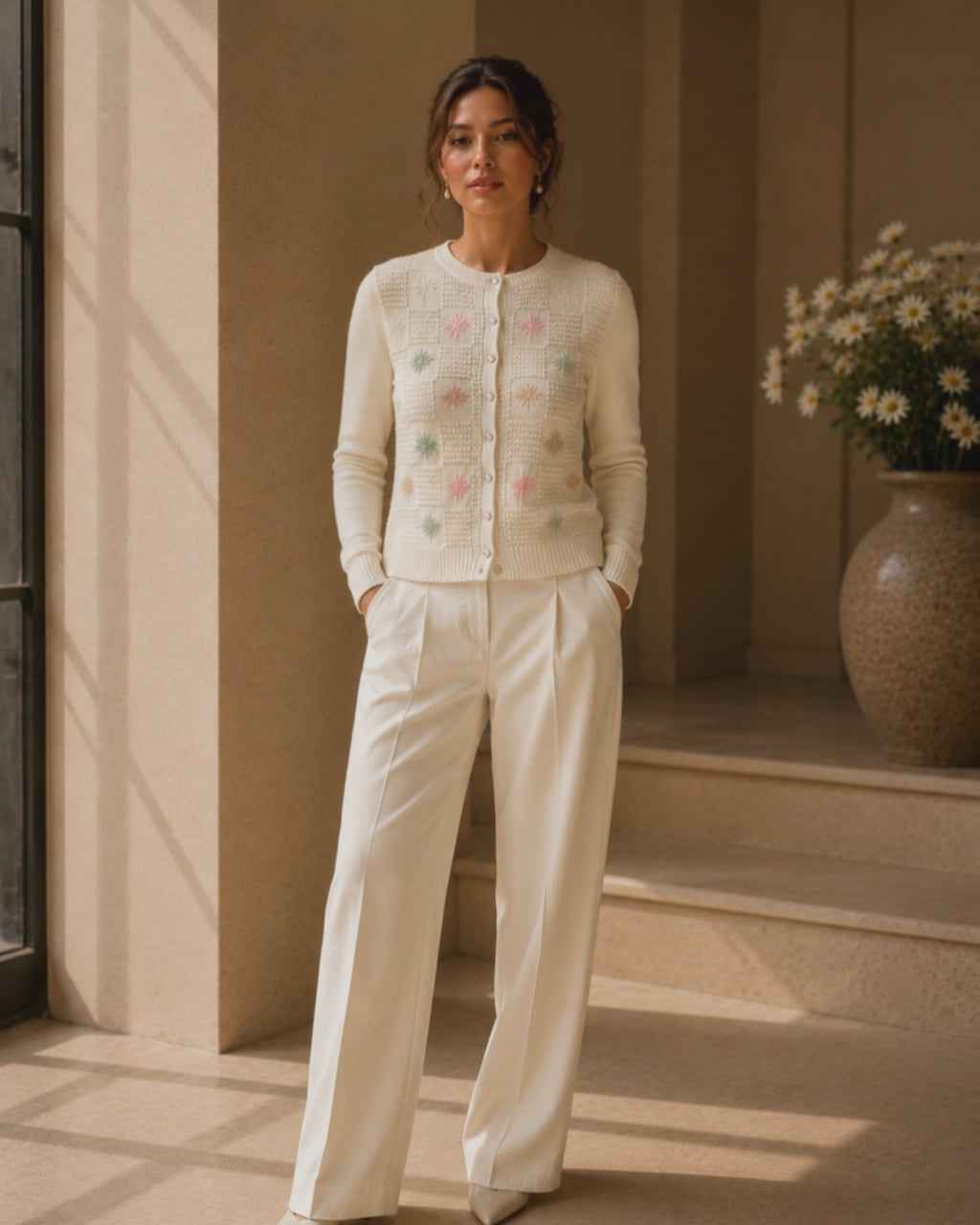 Knitted off white Flower cardigan